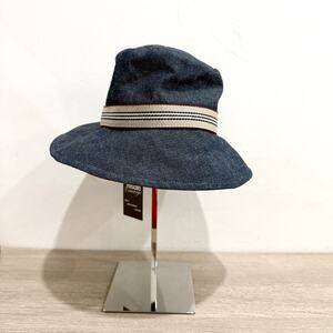 Burberry London Denim Bucket Hat Blue Cotton with Striped Ribbon Size M